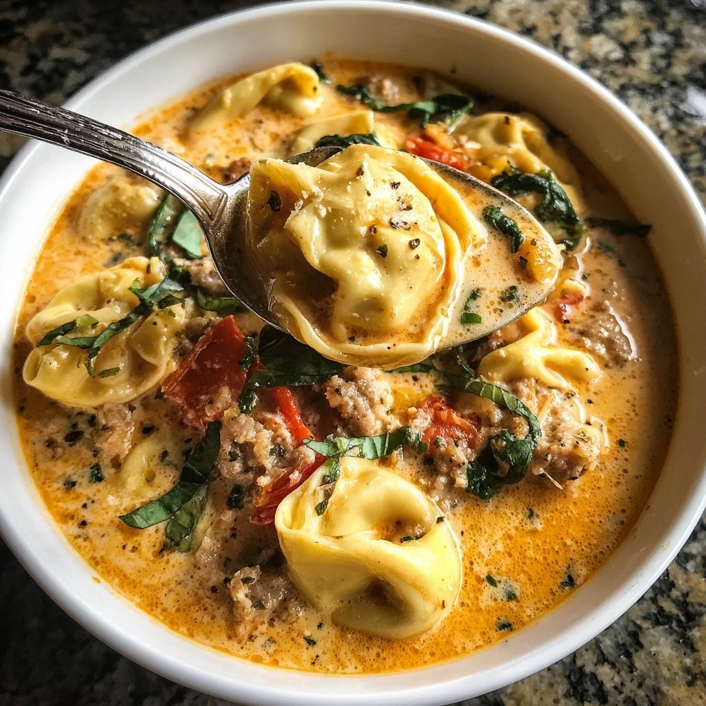 Romige tortellini soep met Italiaanse worst